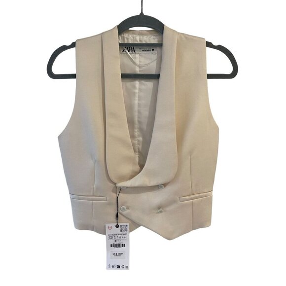 Zara Size XS Beige Double Breasted Tuxedo Vest Waistcoat Satin Trim Back Tie - Picture 12 of 12